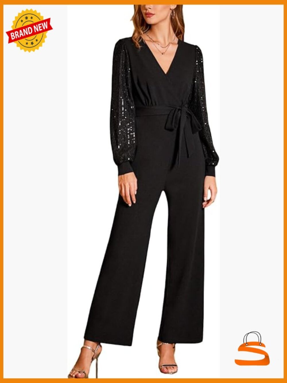 Dressy Sequin Jumpsuit with Long Sleeves and V-Neck